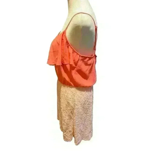 IZ Byer Women's Large V-Neck Coral Pink Flowy Dress with Lace Bottom Sleeveless - Picture 2 of 9